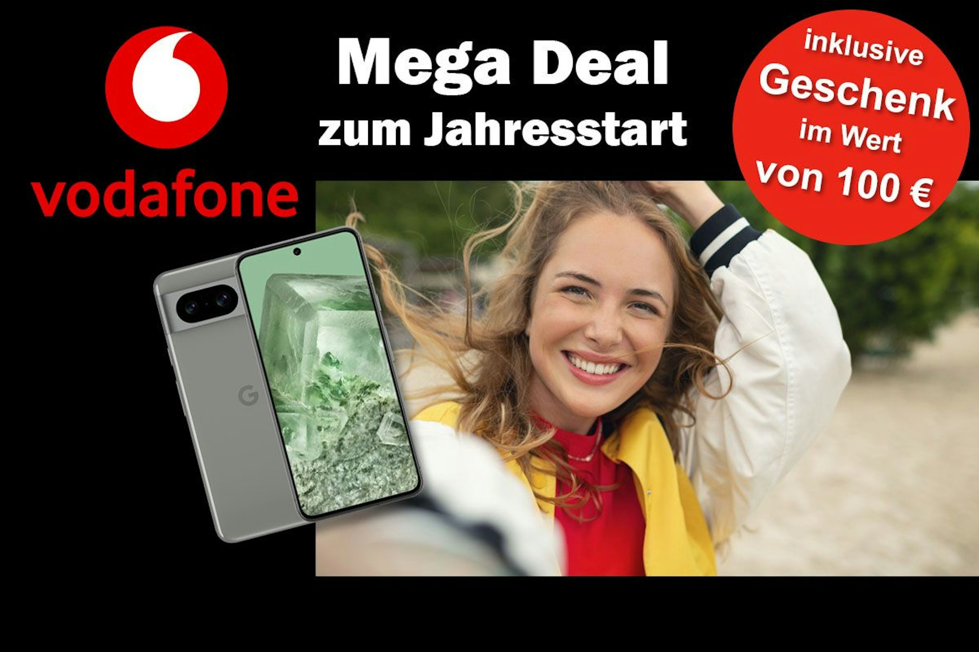 Angebot bei Vodafone, junge Frau schießt ein Selfie von sich am Strand, daneben Produktbild von Google Pixel 8 Smartphone.