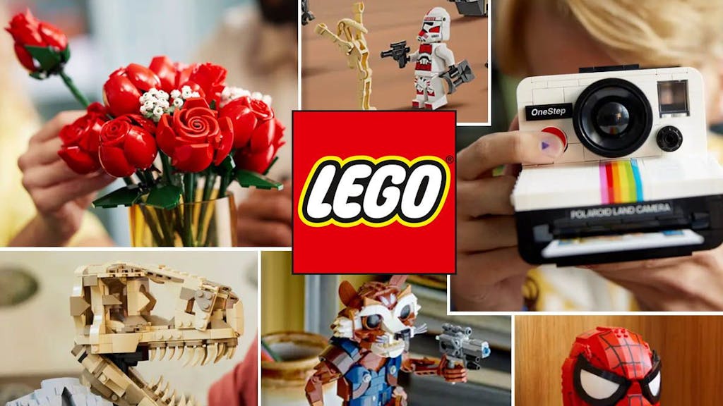 Lego Neuheiten Januar 2024. Stimmungsbilder von Lego mit den Modellen Polaroid Kamera, Marvel's Spider Man und Rocket, T-Rex Schädel von Jurassic World, Star Wars Clone Trooper.