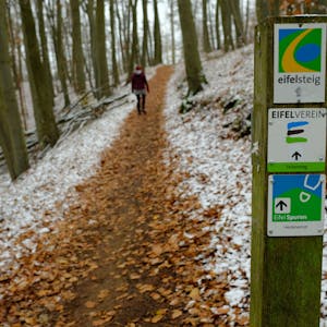 Ein schmaler Wanderweg in einem Wald in der Eifel ist von Laub bedeckt. Neben dem Weg liegt ein wenig Schnee.&nbsp;