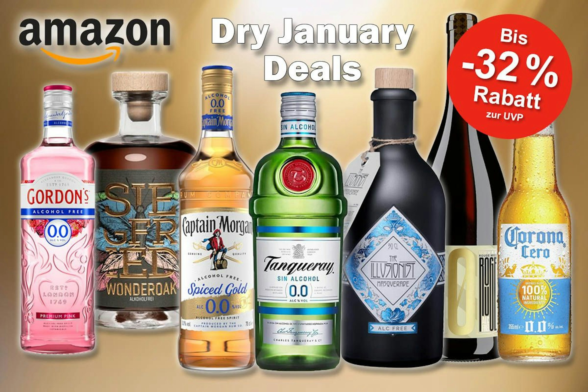 Alkoholfreie Spirituosen, Weine und Biere von Tanqueray, Gordon's, Captain Morgan, Siegfried, Illusionist zum Dry January.