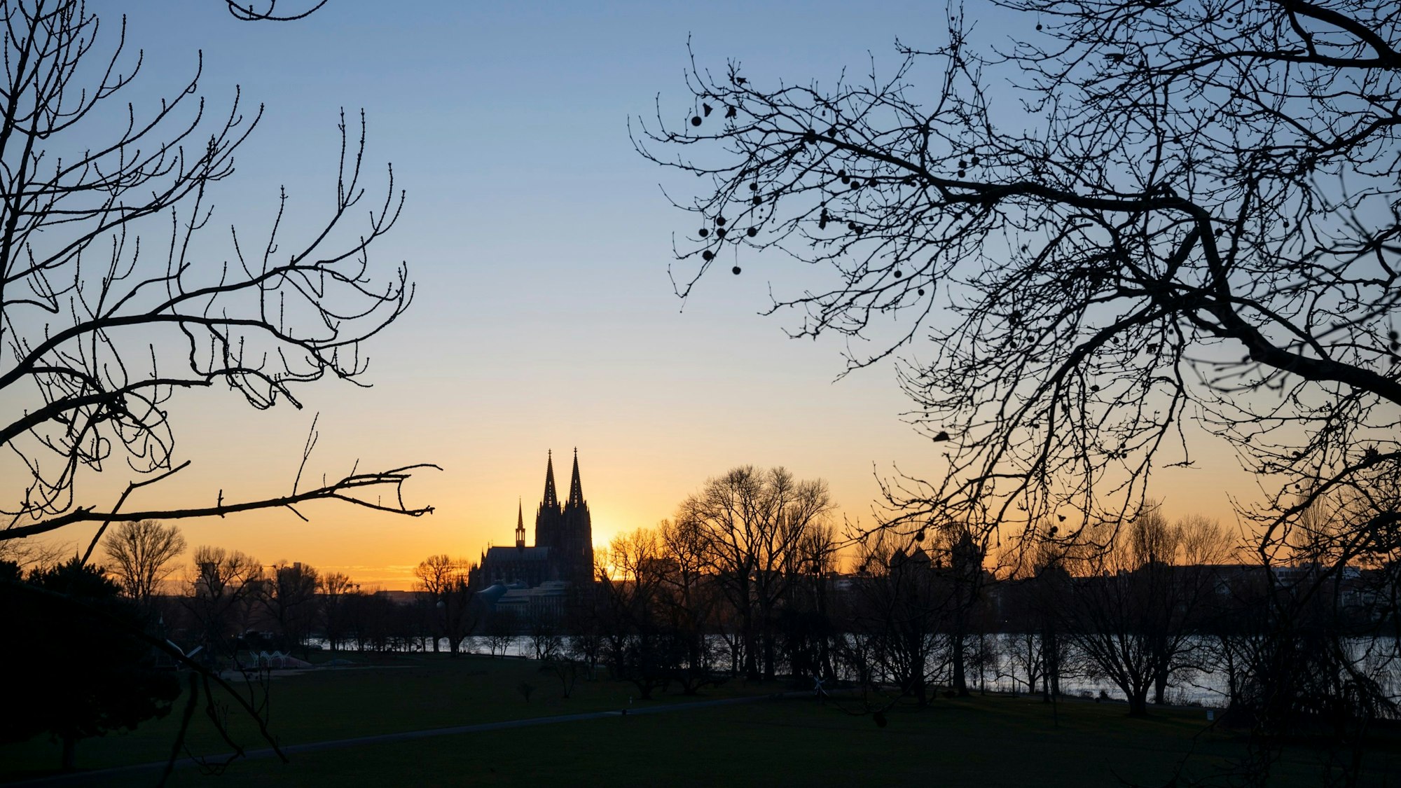 Der Kölner Rheinpark Anfang Januar: Das kalte, klare Winterwetter beschert schöne Sonnenuntergänge.