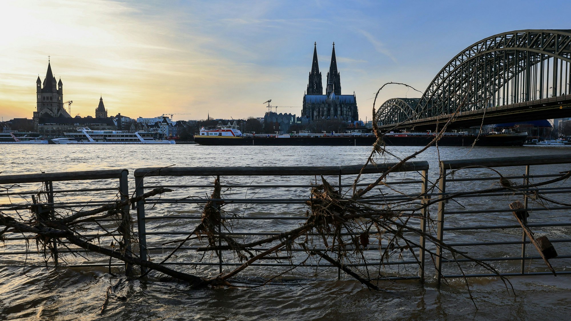 Sonnenuntergang am Kölner Rheinufer. Im Zaun am Rheinboulevard hängt Treibgut von der letzten Hochwasserwelle.