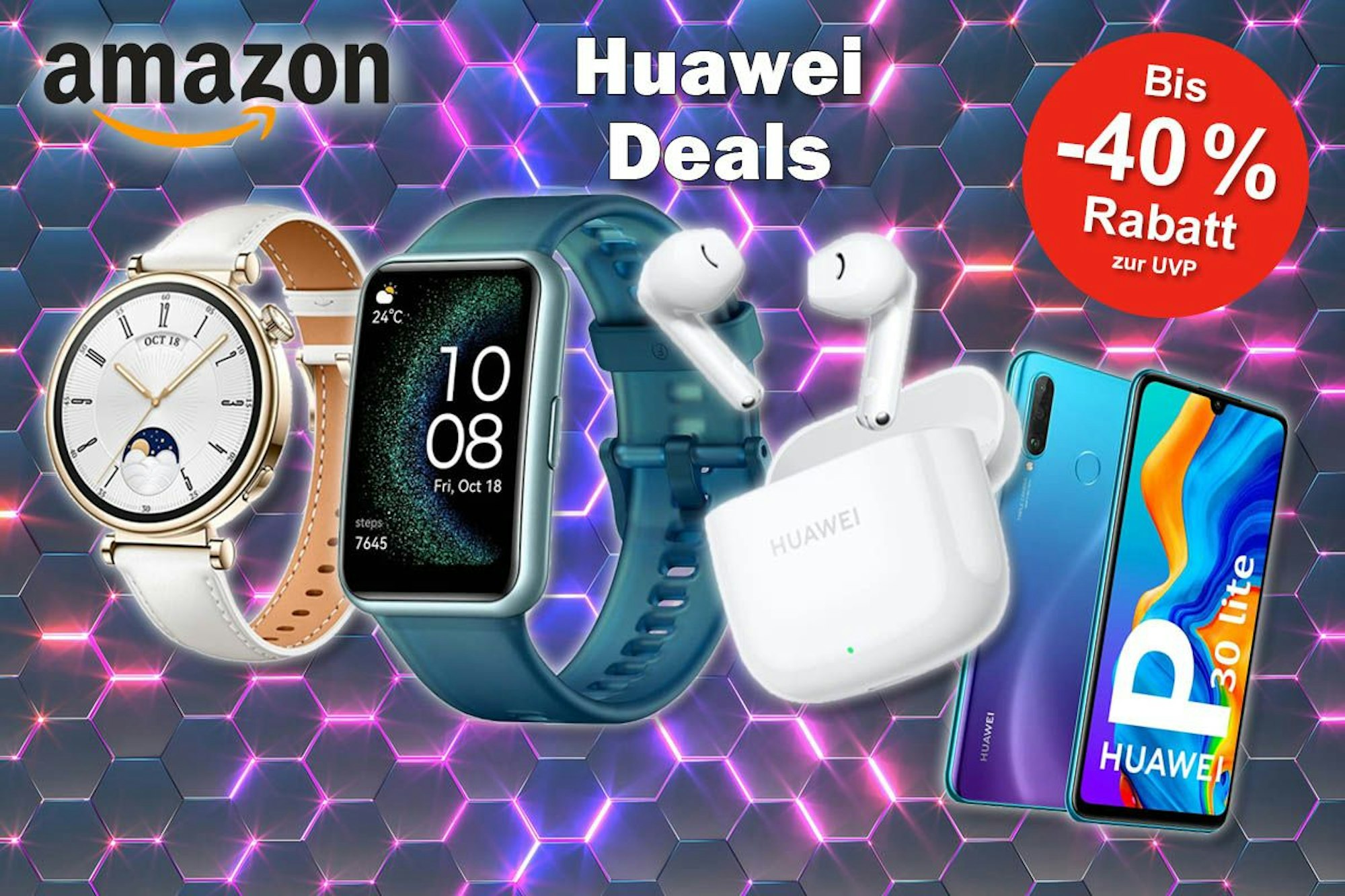 Huawei Smartwatches, Freebuds Kopfhörer und Huawei P30 Lite Smartphone vor abstraktem Hintergrund mit Amazon Logo.
