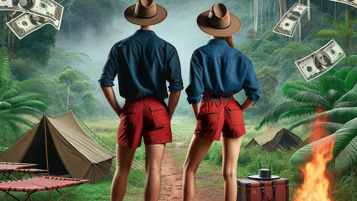 Ein Mann und eine Frau stehen unter Geldschein-Regen im australischen Dschungel.