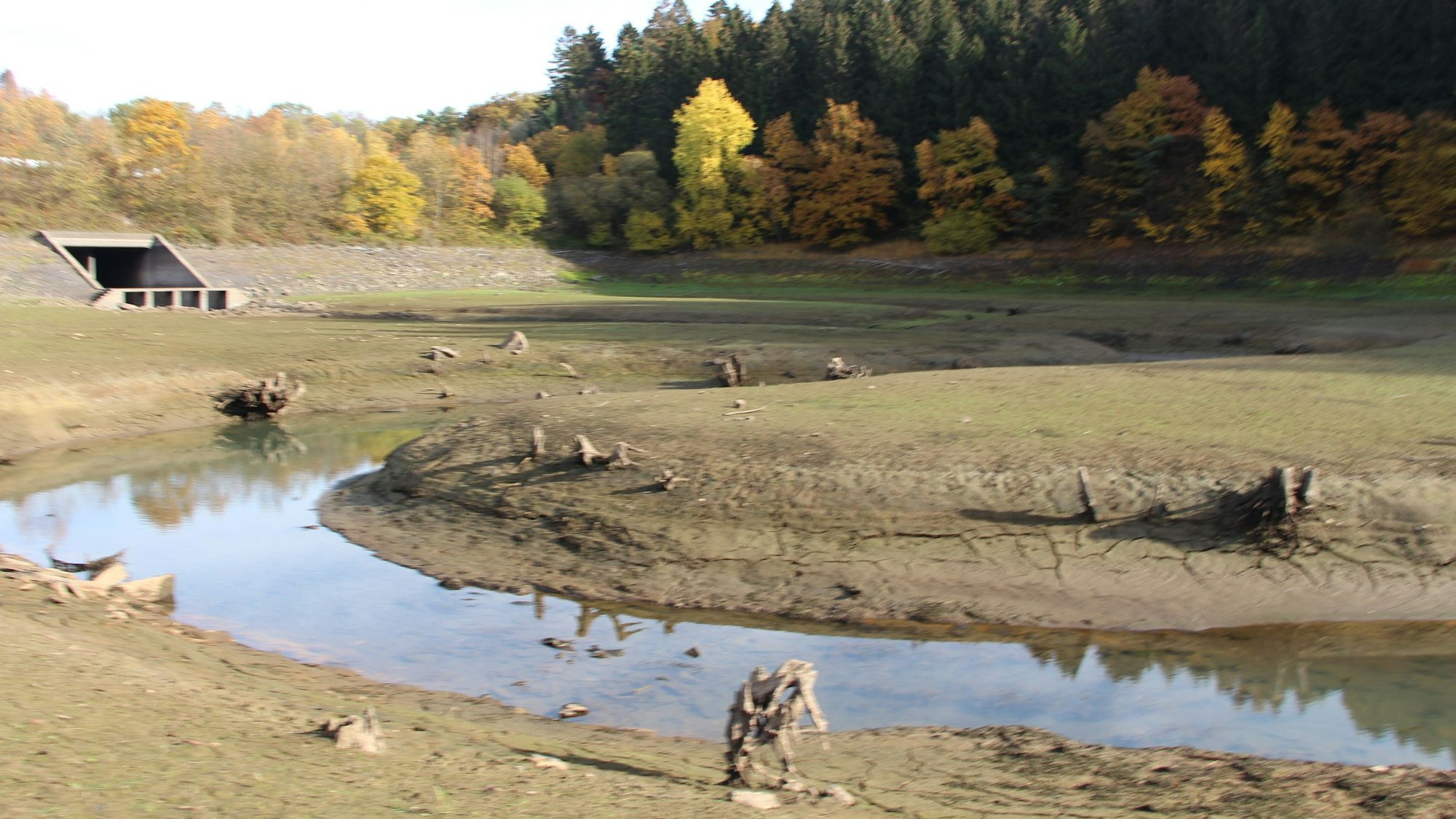 Niedrigwasser an der Wahnbachtalsperre im Jahr 2018, nur noch Rinnsale sind zu erkennen, wo sonst das Wasser meterhoch stand.