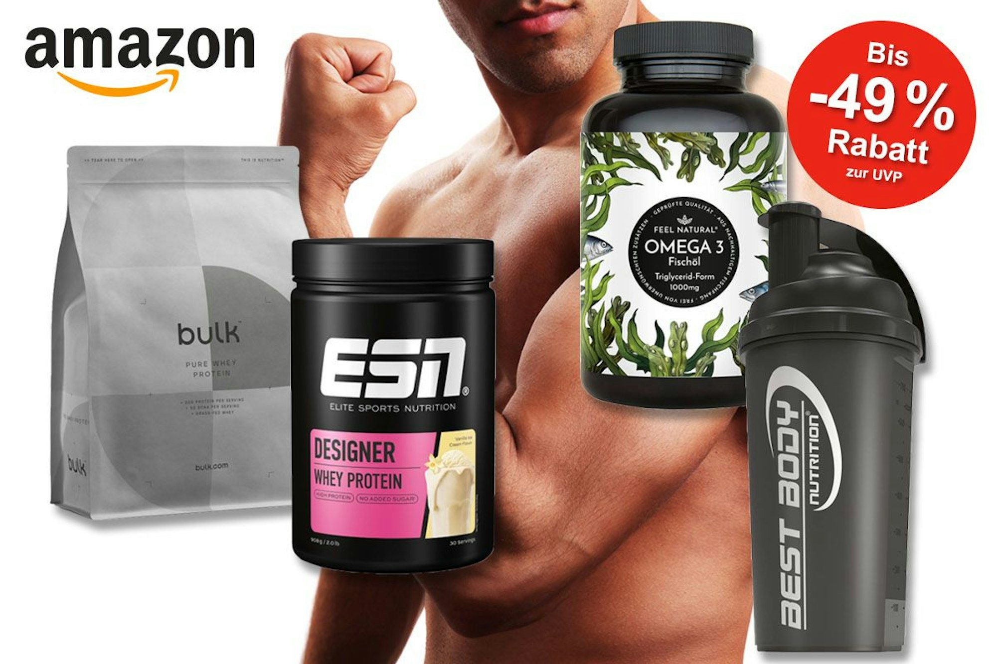 Proteinpulver und Nahrungsergänzungsmittel von ESN, Bulk, Best Body Nutrition, im Hintergrund ein muskulöser Mann.