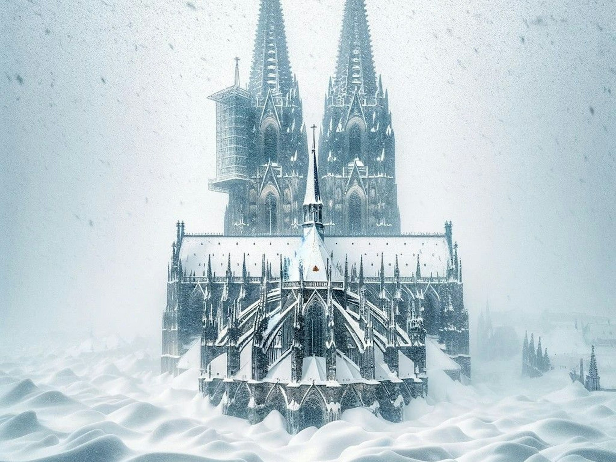 Das maschinell erstellte Bild von ChatGPT zeigt den fast vollständig eingeschneiten Kölner Dom.