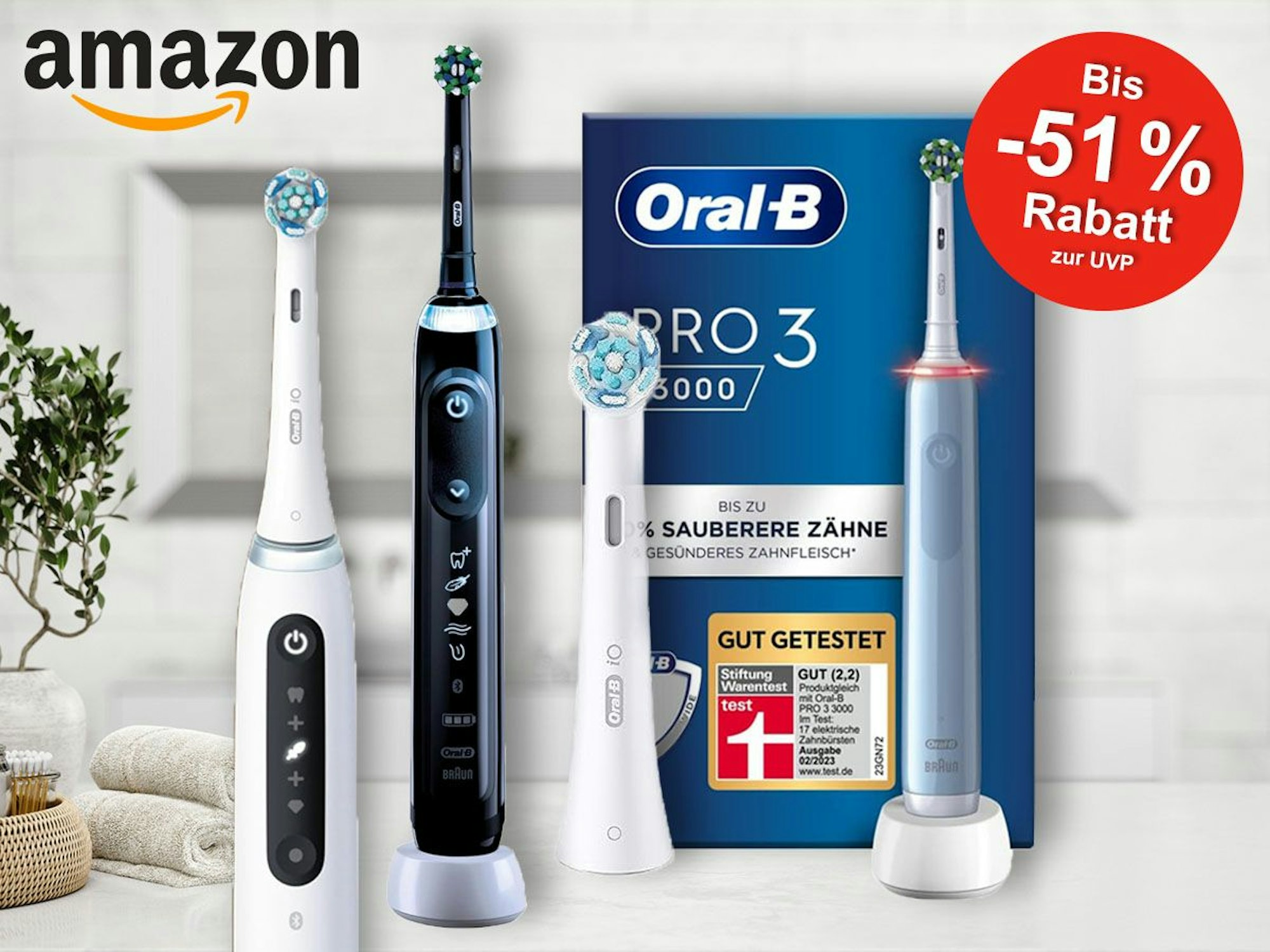 Oral-B elektrische Zahnbürsten und Bürstenkopf stehen vor einem Badezimmerhintergrund.