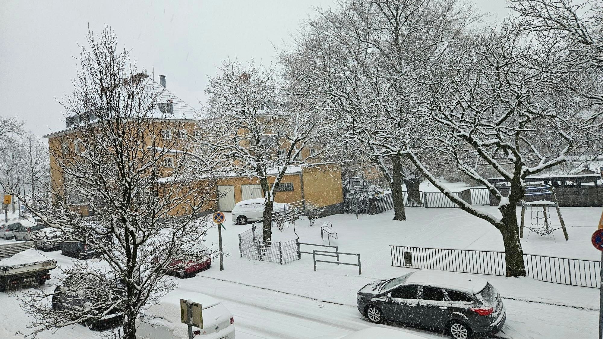Verschneite Straße mit Autos, Bäumen und Wohnhaus