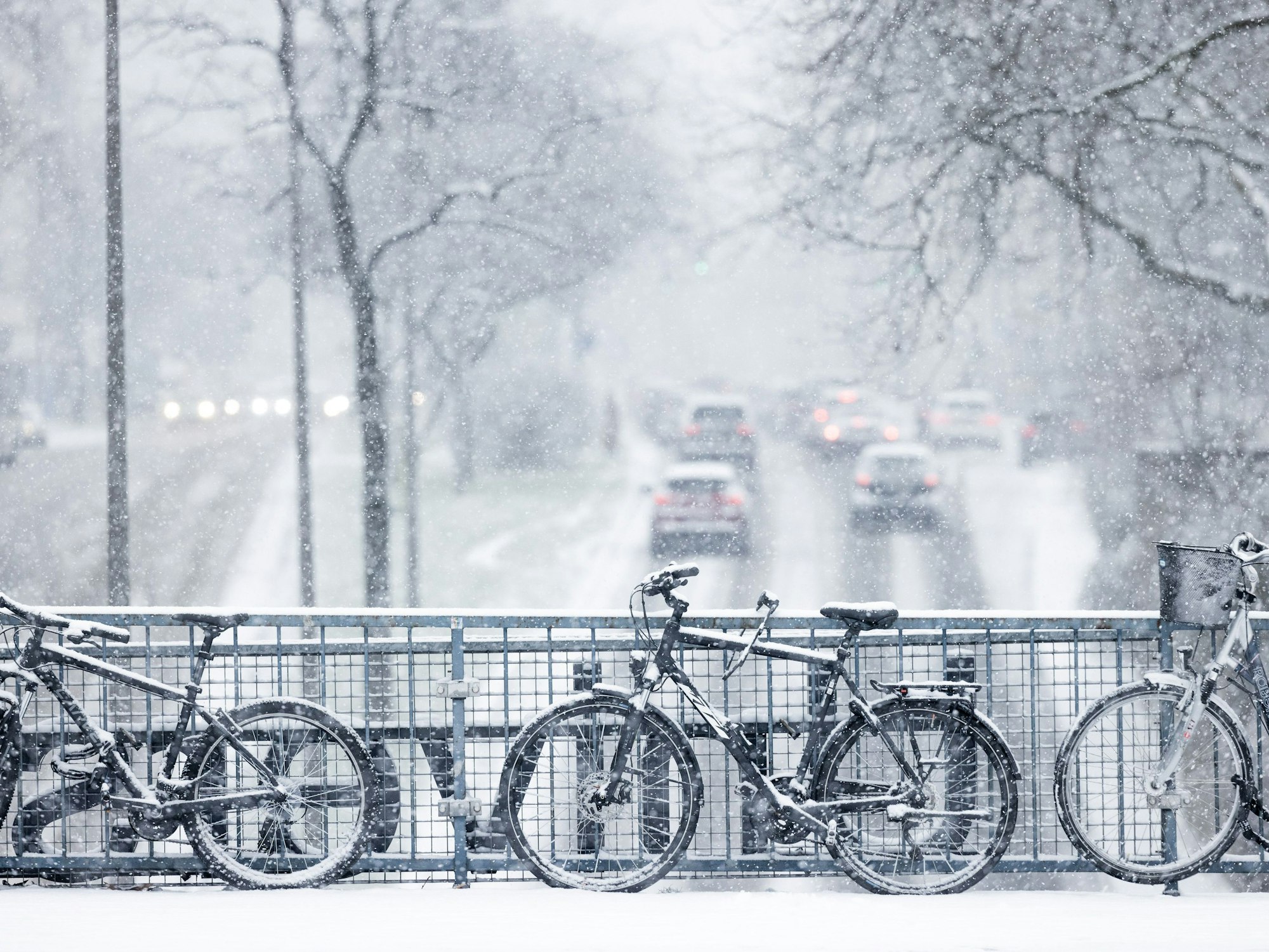 17.01.2024, Nordrhein-Westfalen, Köln: Schneebedeckte Fahrräder stehen im dichten Schneetreiben auf der Brücke an der Universitätsstraße. Schnee und Eis haben Straßen und Gehwege in weiten Teilen Deutschlands in gefährliche Rutschbahnen verwandelt. Foto: Rolf Vennenbernd/dpa +++ dpa-Bildfunk +++