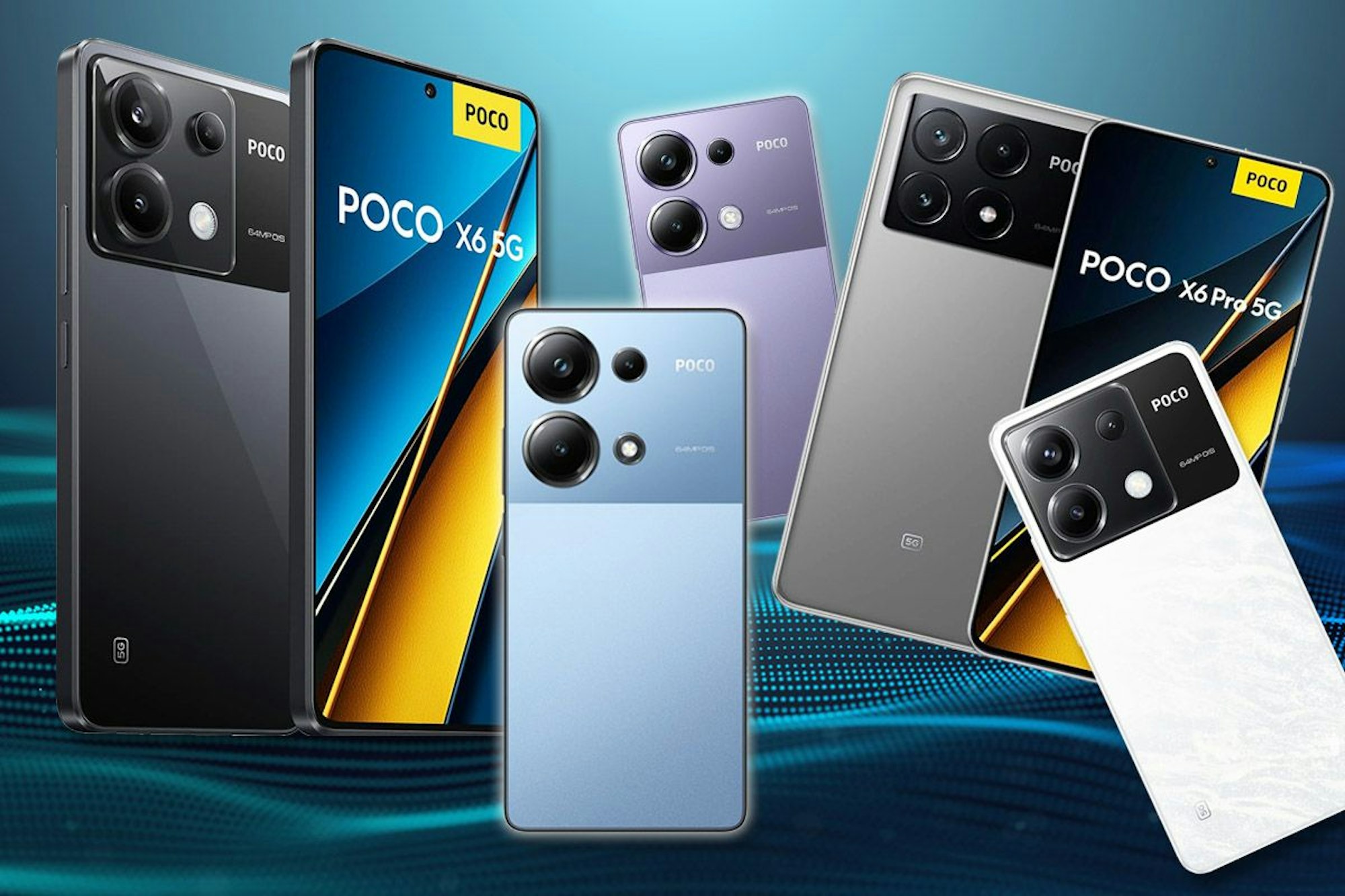 Poco X6, Poco X6 Pro und Poco M6 Pro Smartphone in verschiedenen Farben vor einem abstrakten Hintergrund.