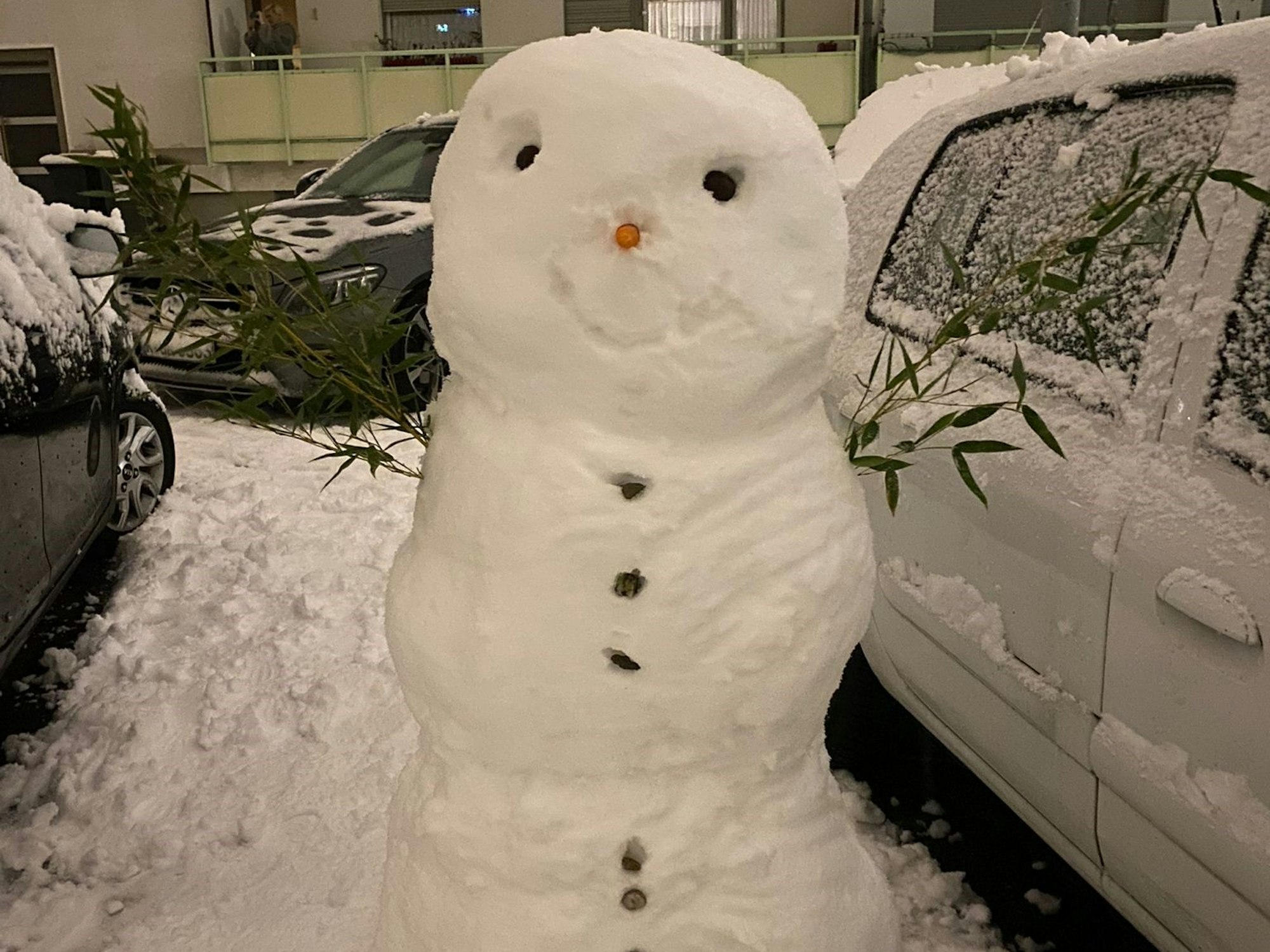 Lächelnder Schneemann auf einem Parkplatz.