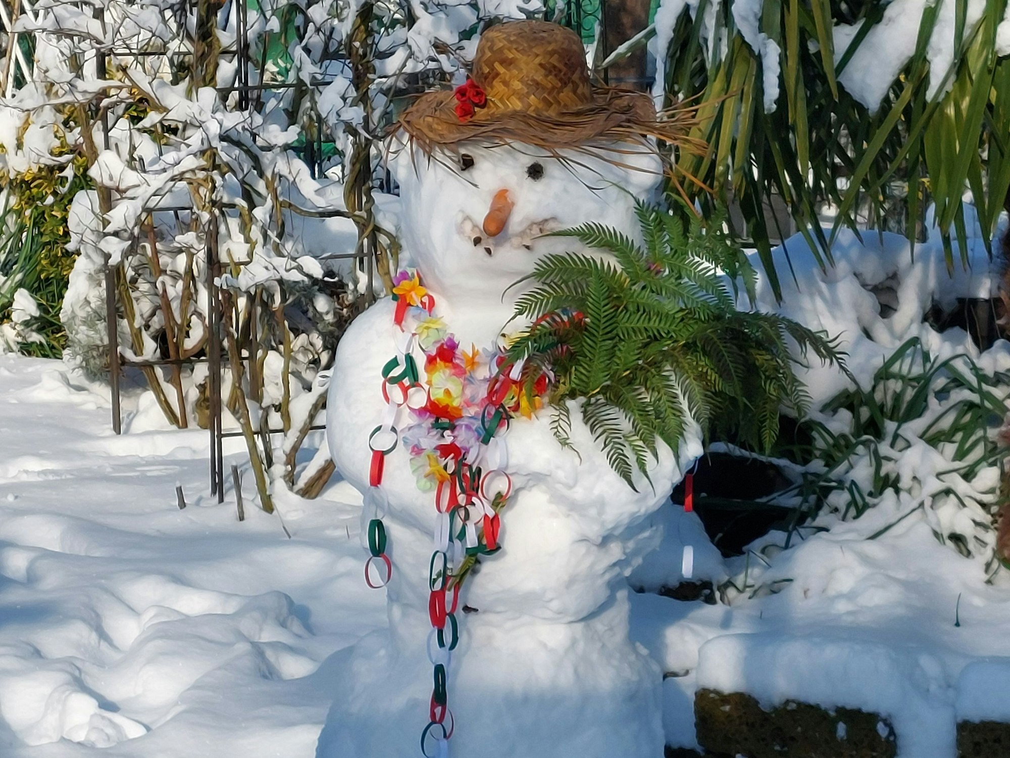 Ein Schneemann in einem Garten.