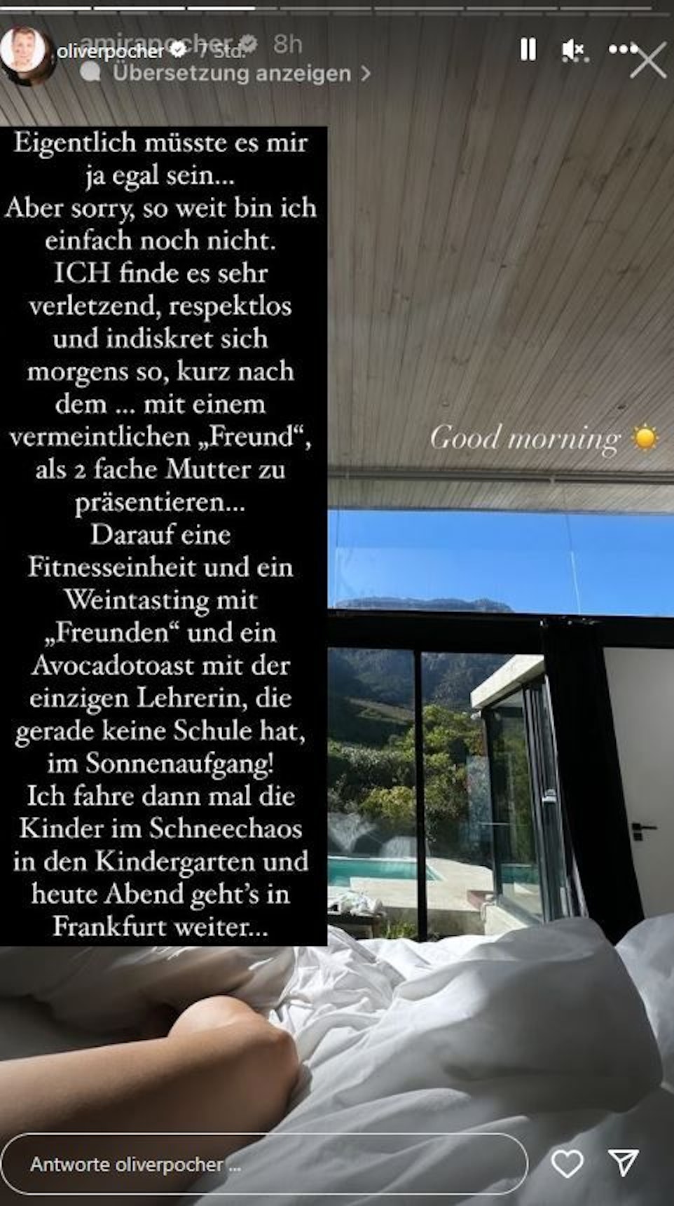 Der Screenshot von Oliver Pochers Instagram-Story zeigt den Seitenhieb gegen Noch-Ehefrau Amira Pocher.