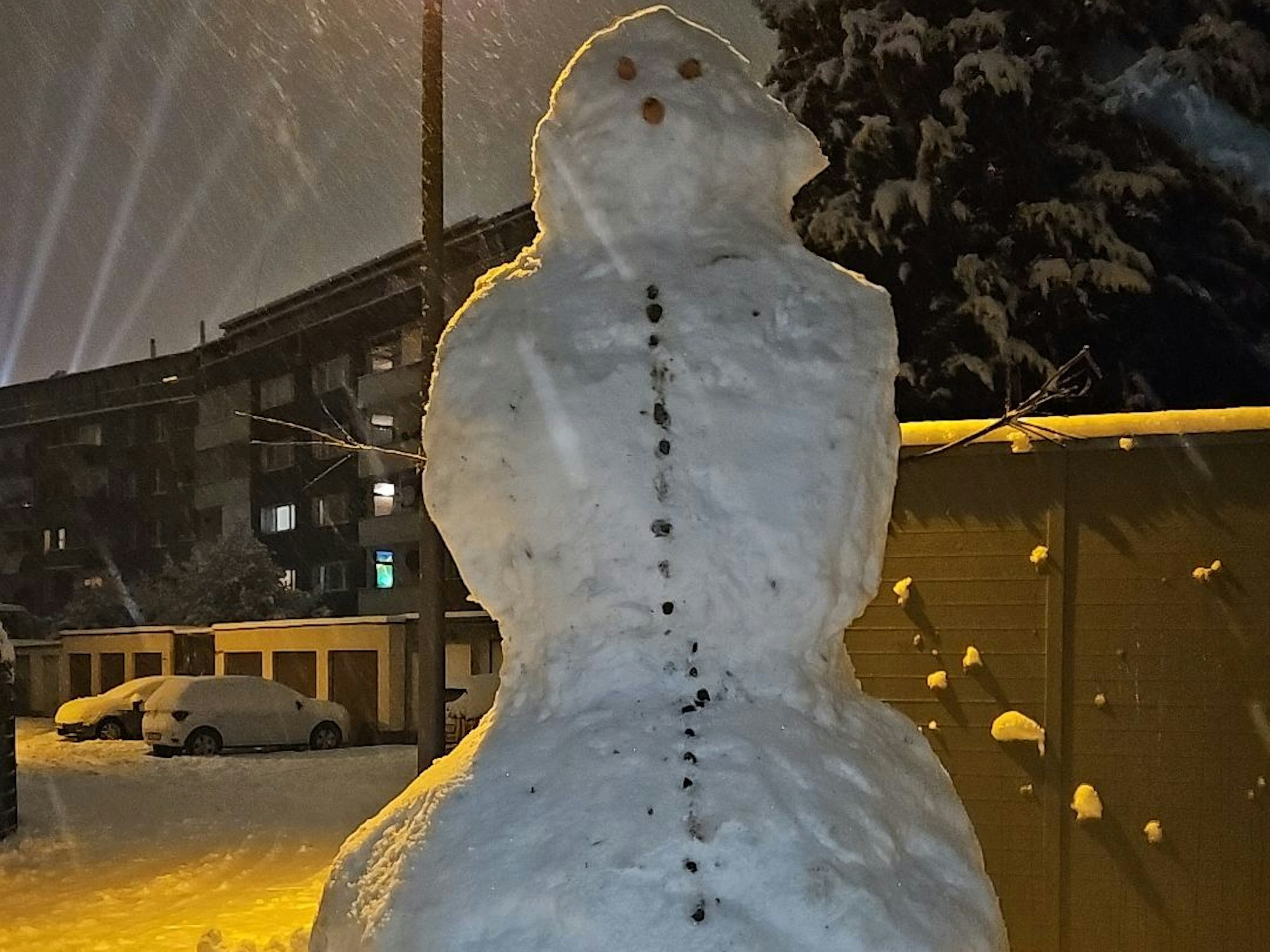 Ein großer Schneemann vor einer Garage.