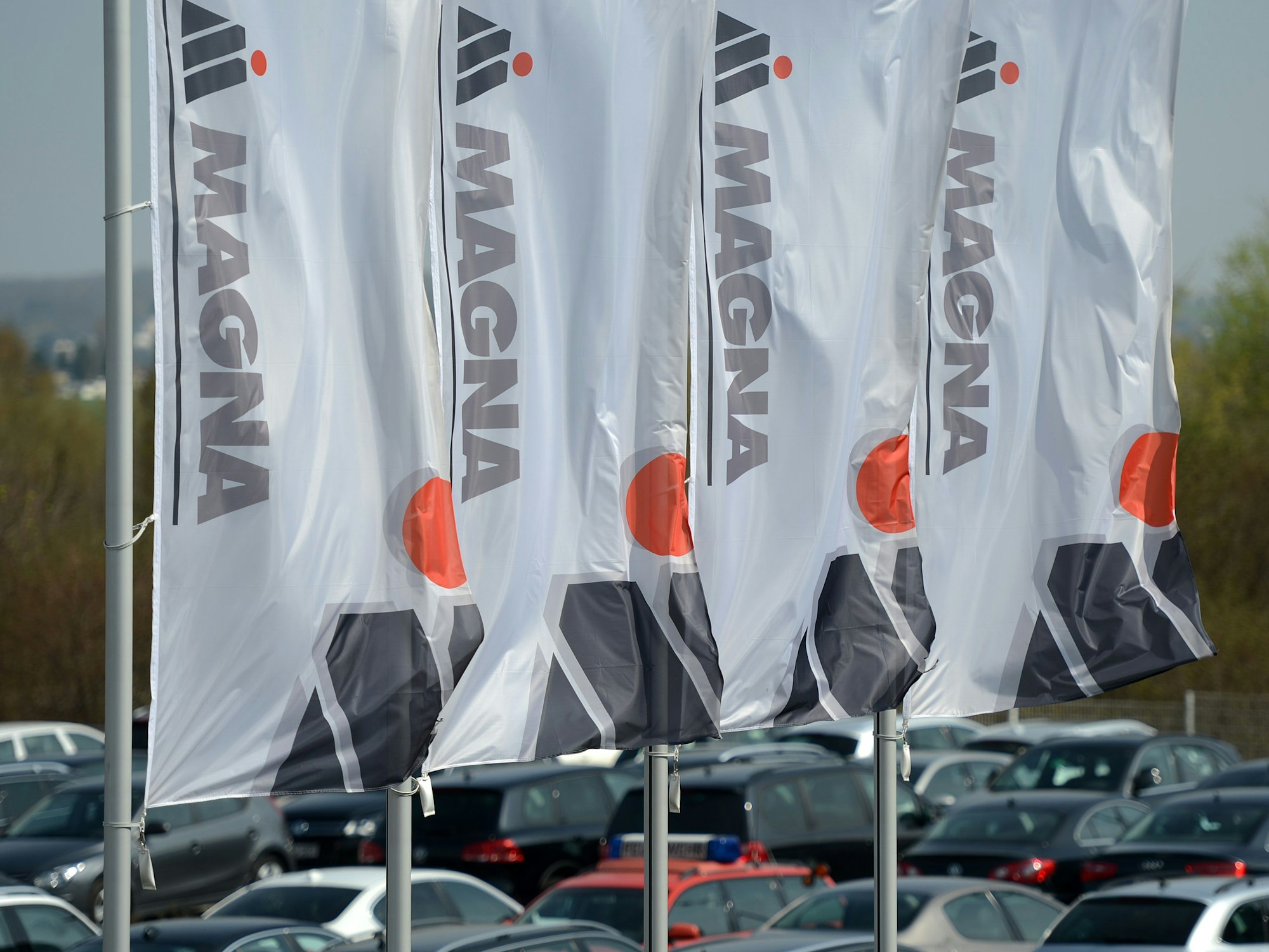Flaggen mit dem Logo des kanadisch-österreichischen Automobilzulieferers Magna wehen am vor dem neuen Werk in Meerane (Sachsen).