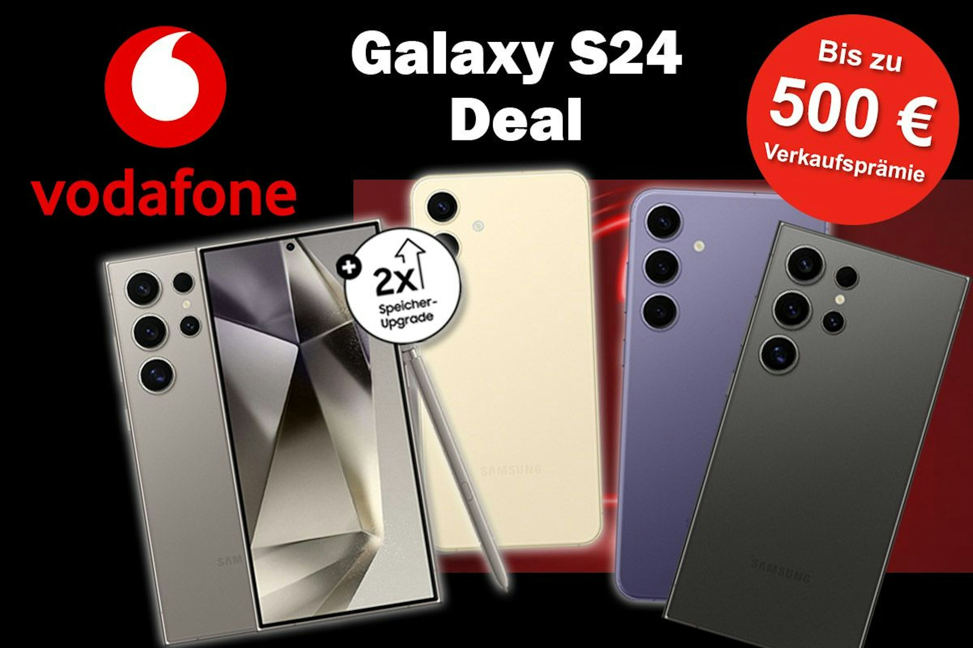 Die Smartphones Samsung Galaxy S24 Ultra, S24+ und S24 in verschiedenen Farben und Vodafone Logo im Bild.