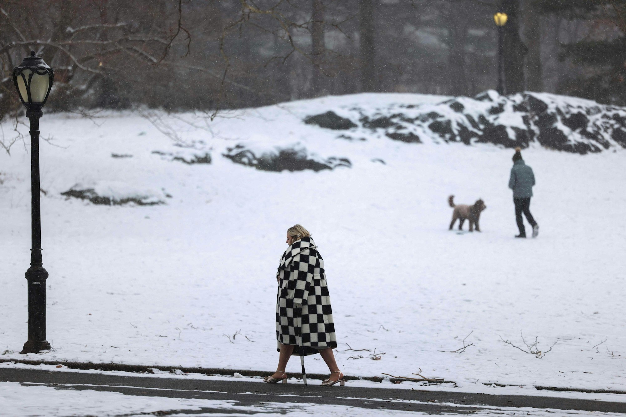 Eine Person spaziert am 19. Januar 2024 während eines Schneesturms durch den Central Park von New York City.