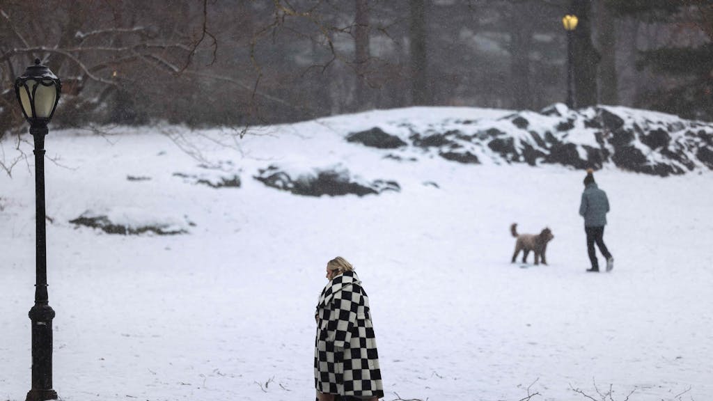 Eine Person spaziert am 19. Januar 2024 während eines Schneesturms durch den Central Park von New York City.