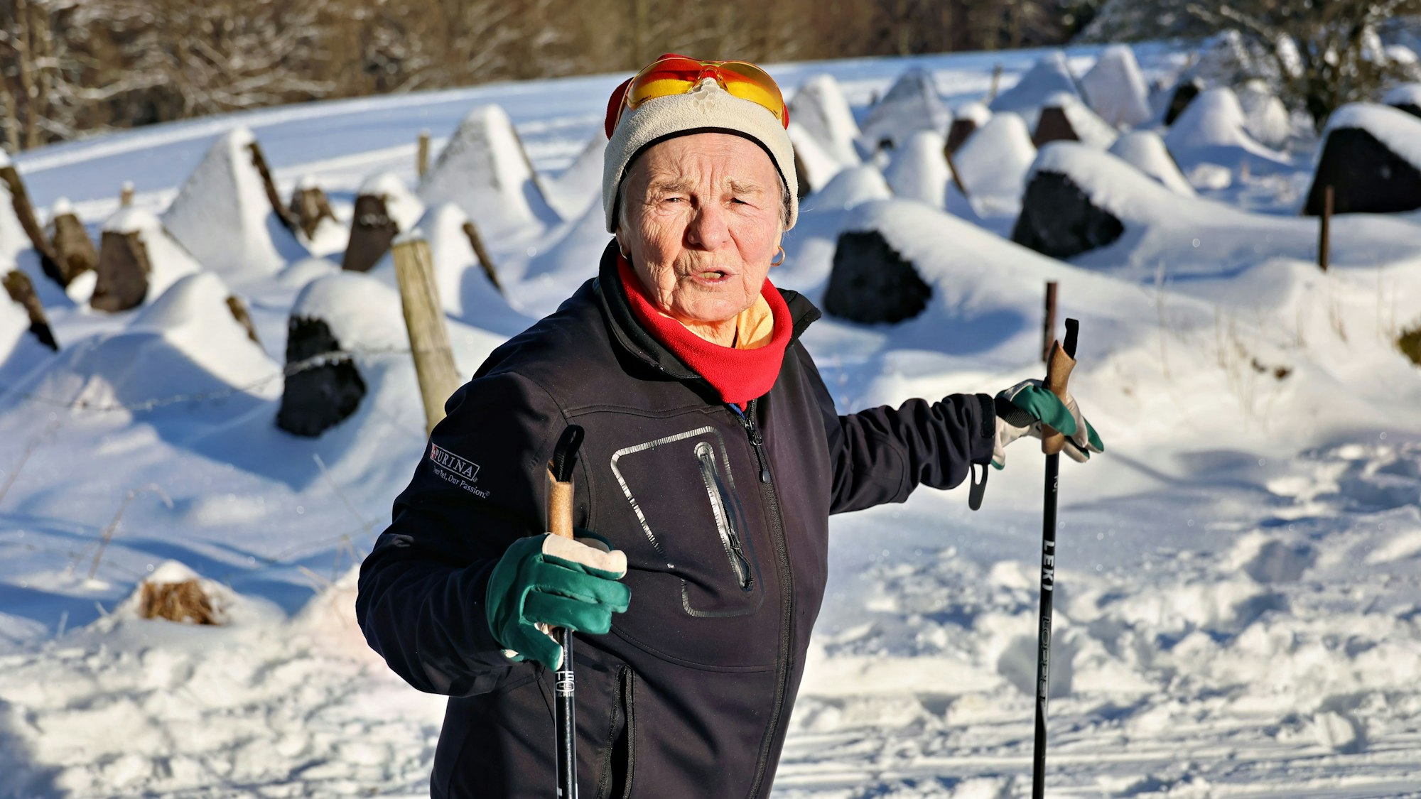 Die Langläuferin aus Zülpich vor der verschneiten Höckerlinie am Hollerather Knie.