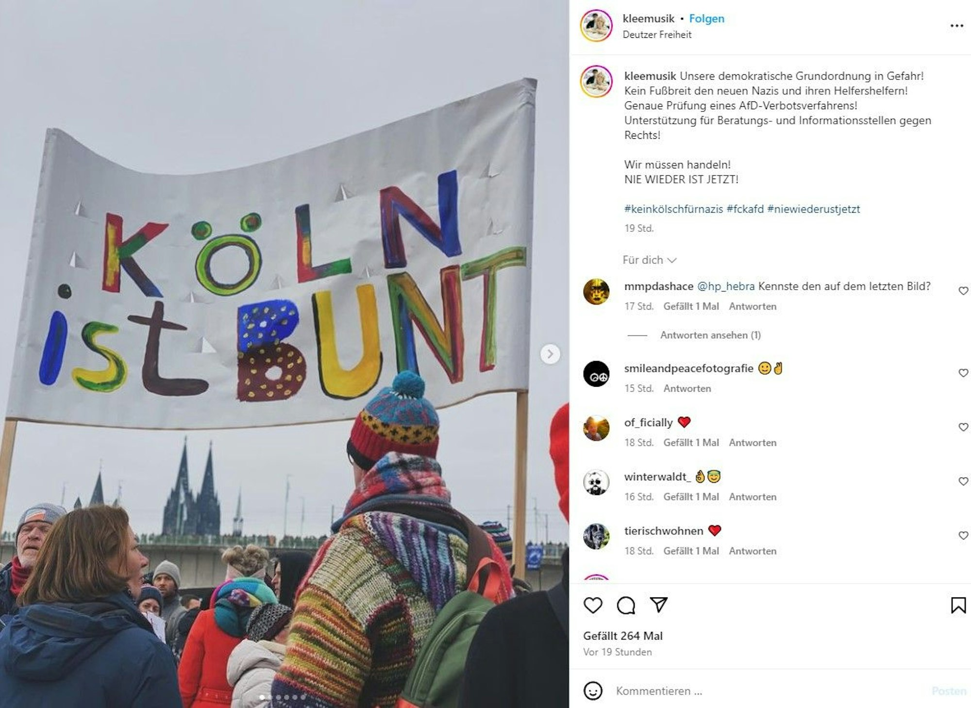 Instagram-Post der Band Klee mit „Köln-ist-bunt“-Plakat