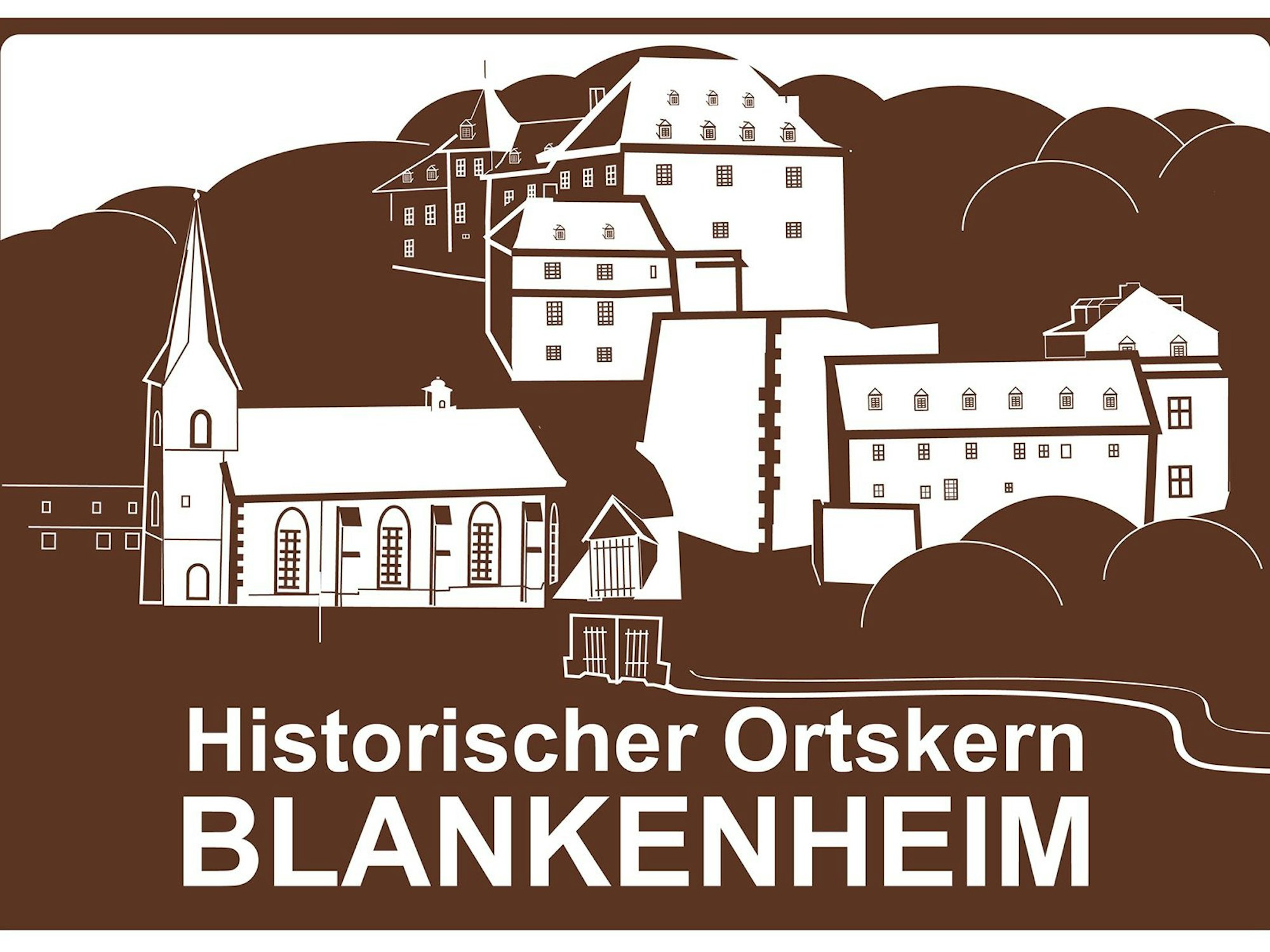Das Hinweisschild trägt den Schriftzug „Historischer Ortskern Blankenheim“. Im bundesweit einheitlichen Weiß und Braun sind markante Gebäude wie die Burg dargestellt.