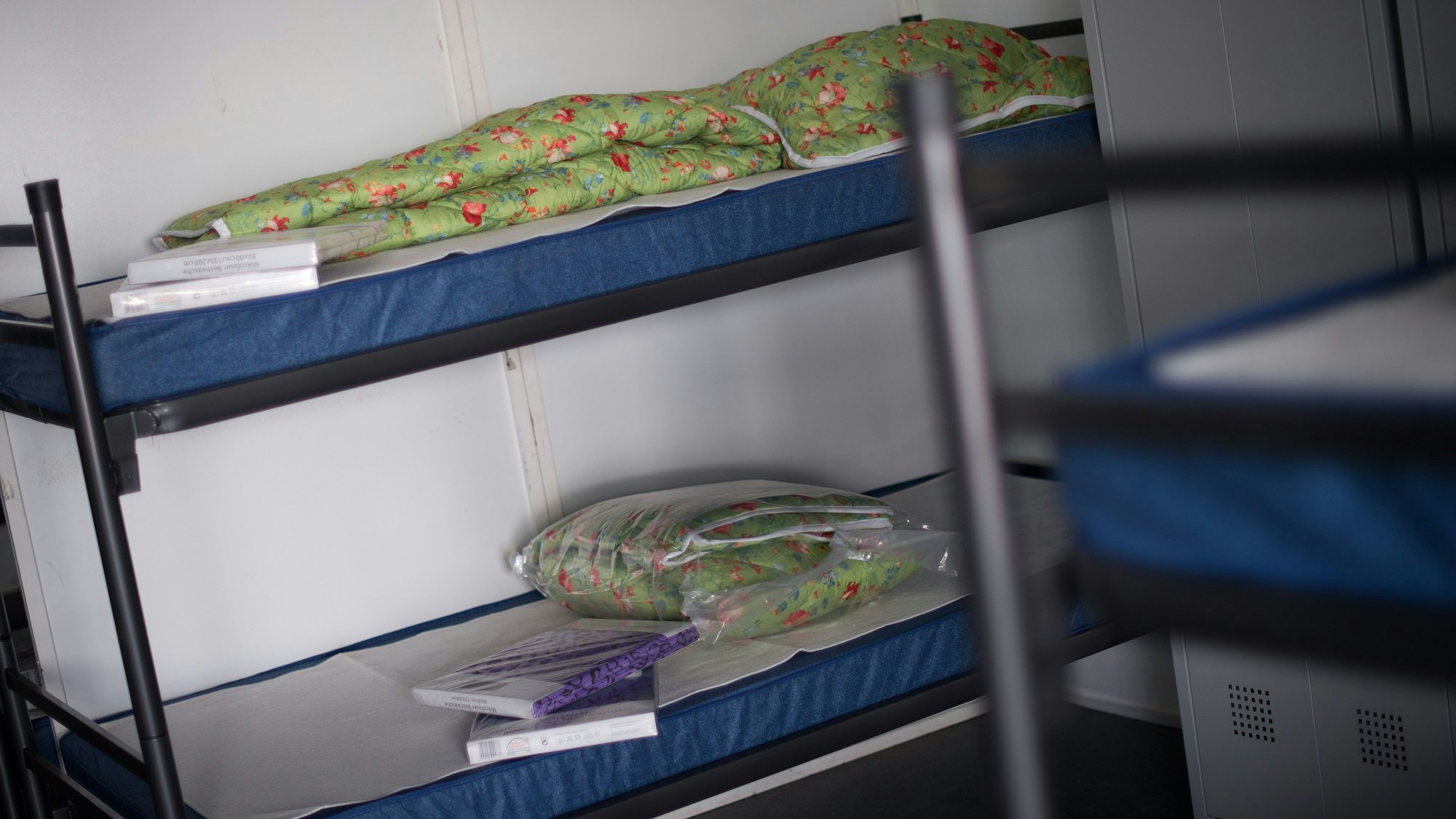 Betten für Flüchtlinge stehen am 26.08.2015 im Zelt einer Flüchtlingsunterkunft im Stadtteil Chorweiler in Köln bereit.