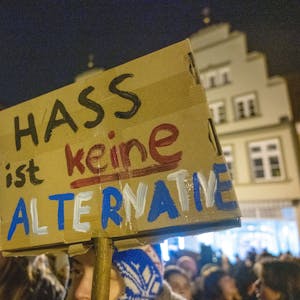 Auf dem Bild sieht man ein Plakat, auf dem "Hass ist keine Alternative" lesen kann. Es stammt von einer Demonstration in Greifswald am 22.01.2024, die gegen die AfD und gegen Rechtsextremismus stattgefunden hat.