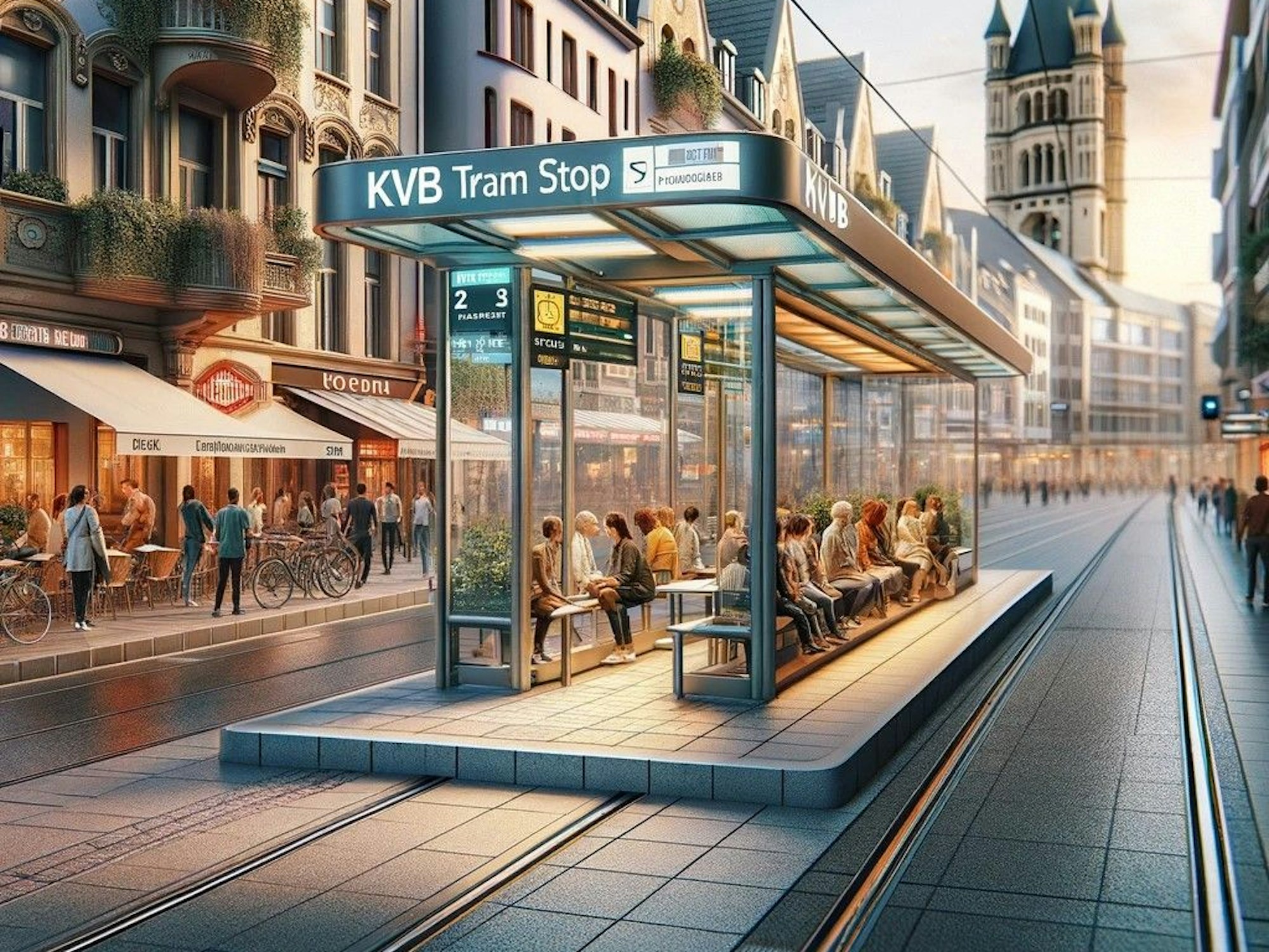 Das maschinell erstellte Bild von ChatGPT zeigt eine KVB-Haltestelle im Bereich der Zülpicher Straße in Köln.