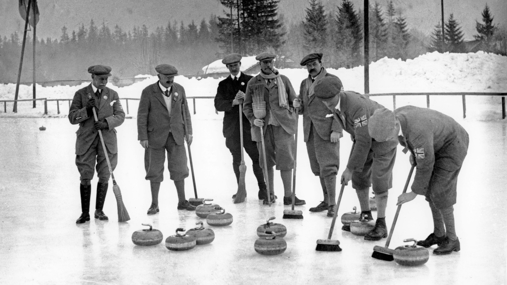Das britische Team bei den Curling-Wettbewerben von Chamonix 1924.