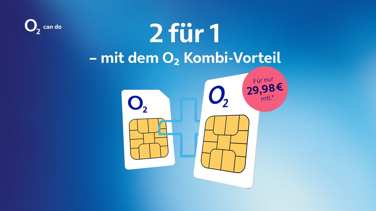 Bild zum o2 Kombi Vorteil mit zwei o2 SIM-Karten vor blauem Hintergrund.