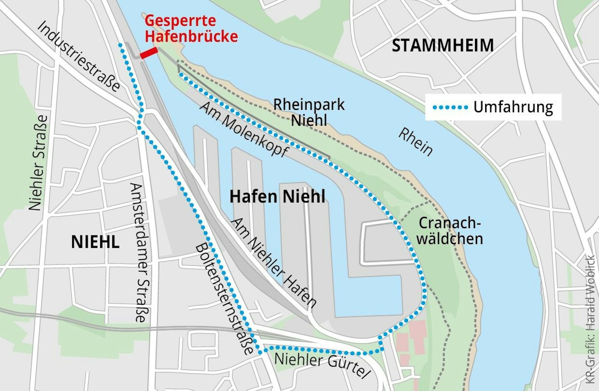 Die Grafik zeigt den Umweg, den Radfahrer und Fußgänger wegen der Brückensperrung im Niehler Hafen nehmen müssen.