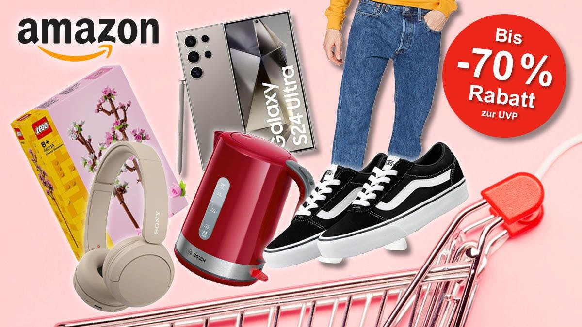 Produkte bei Amazon wie Lego Kirschblüten, Samsung Galaxy S24 Ultra, Levi's Jeans, Vans Sneaker und Sony Kopfhörer fallen in einen Einkaufswagen.
