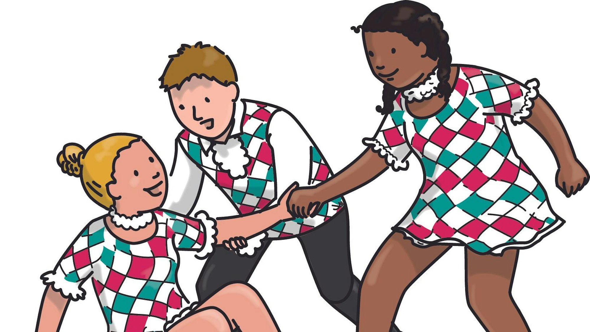 Die Illustration zeigt drei Mitglieder der Kinder- und Jugendtanzgruppe Kölsche Harlequins, ein Mädchen mit blondem Pferdeschwanz ist hingefallen, ein Junge und ein schwarzes Mädchen helfen ihr wieder auf.