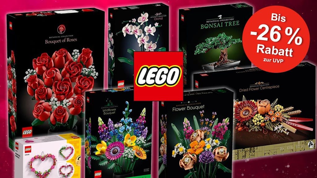 Lego Blumenstrauß, Lego Rosenstrauß, Lego Bonsai Baum, Lego Wildblumenstrauß, Lego Herz Deko, Lego Orchidee vor weinrotem Hintergrund.