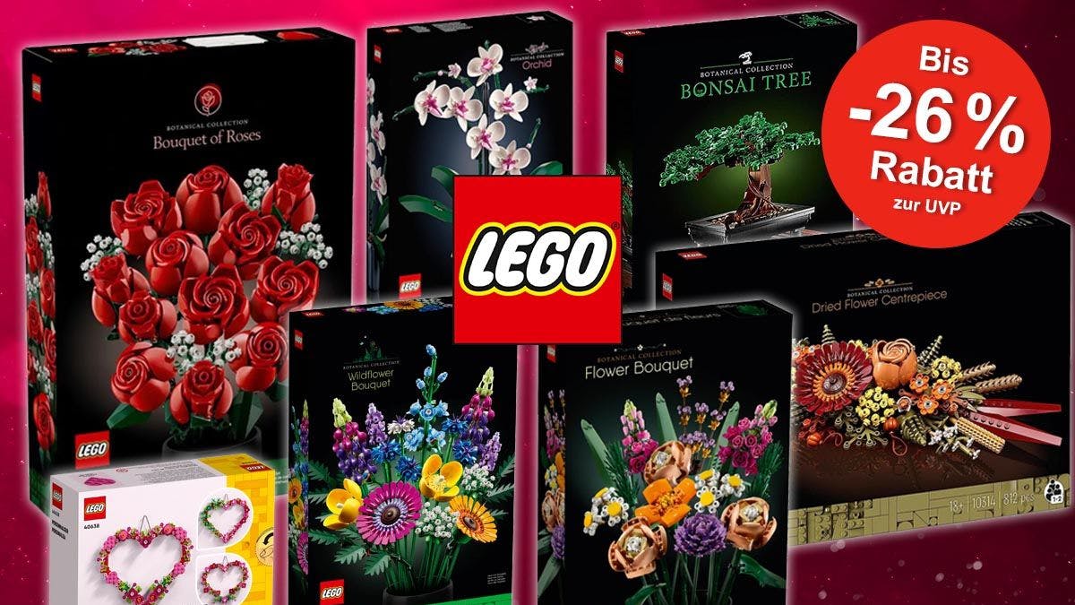 Lego Blumenstrauß, Lego Rosenstrauß, Lego Bonsai Baum, Lego Wildblumenstrauß, Lego Herz Deko, Lego Orchidee vor weinrotem Hintergrund.