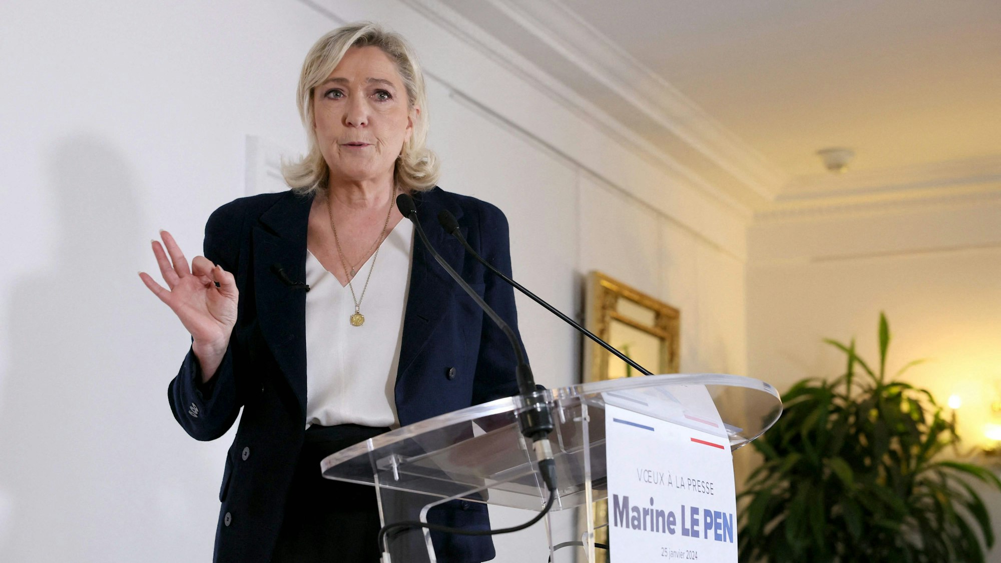 Die französische Rechtspopulistin Marine Le Pen bei einer Pressekonferenz. Mit den Vertreibungsplänen der AfD sei sie „ganz und gar nicht einverstanden“, erklärte Le Pen.