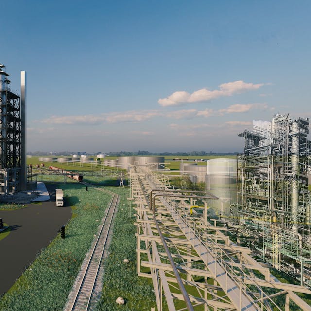 Shell-Grundöl-Projekt. Der Cracker im Zentrum der Werksanlage in Wesseling ist ist 50 Meter hoch. Animtion. 