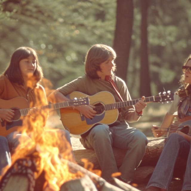 Teenager singen am Lagerfeuer zur Gitarre