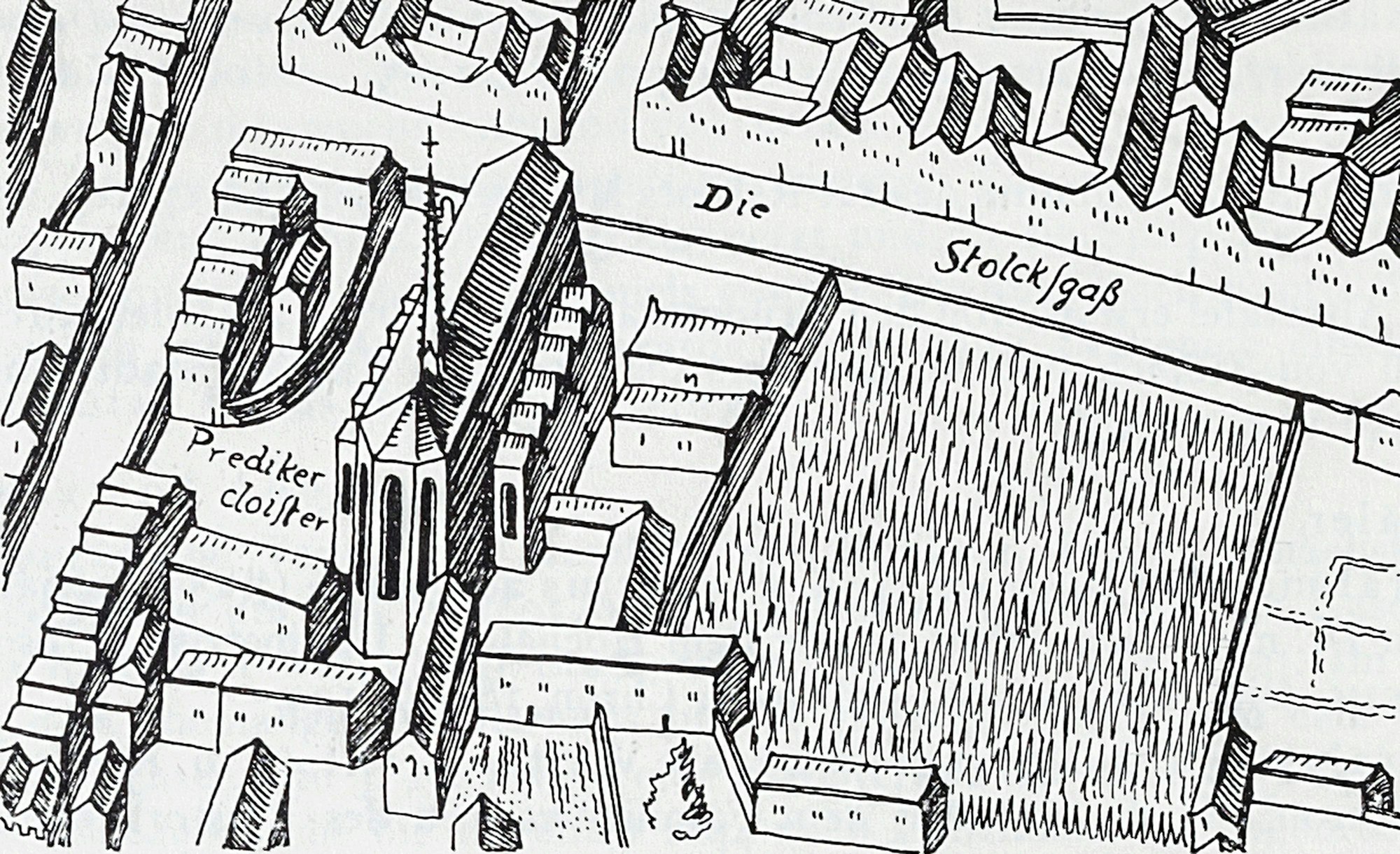 Das Dominikaner-Kloster an der Stolkgasse in der bekannten Mercator-Ansicht der Stadt, eine mit Tusche auf Pergament ausgeführte Darstellung der Stadt in Form eines Stadtplans.