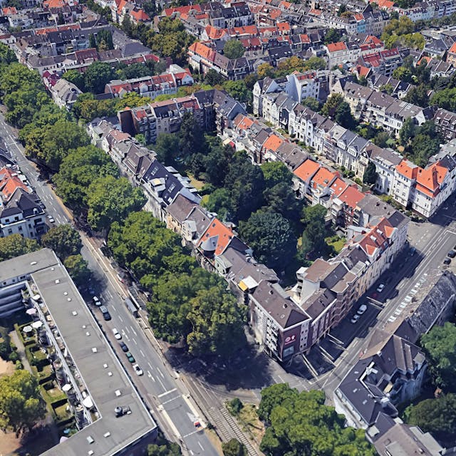 Der Ehrenfeldgürtel (links im Bild) und die Nußbaumer Straße (rechts) auf einer 3D-Ansicht, die aus Google Earth generiert wurde.&nbsp;