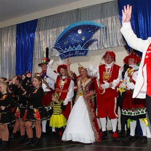 Kostümierte Karnevalisten stehen auf einer Bühne.