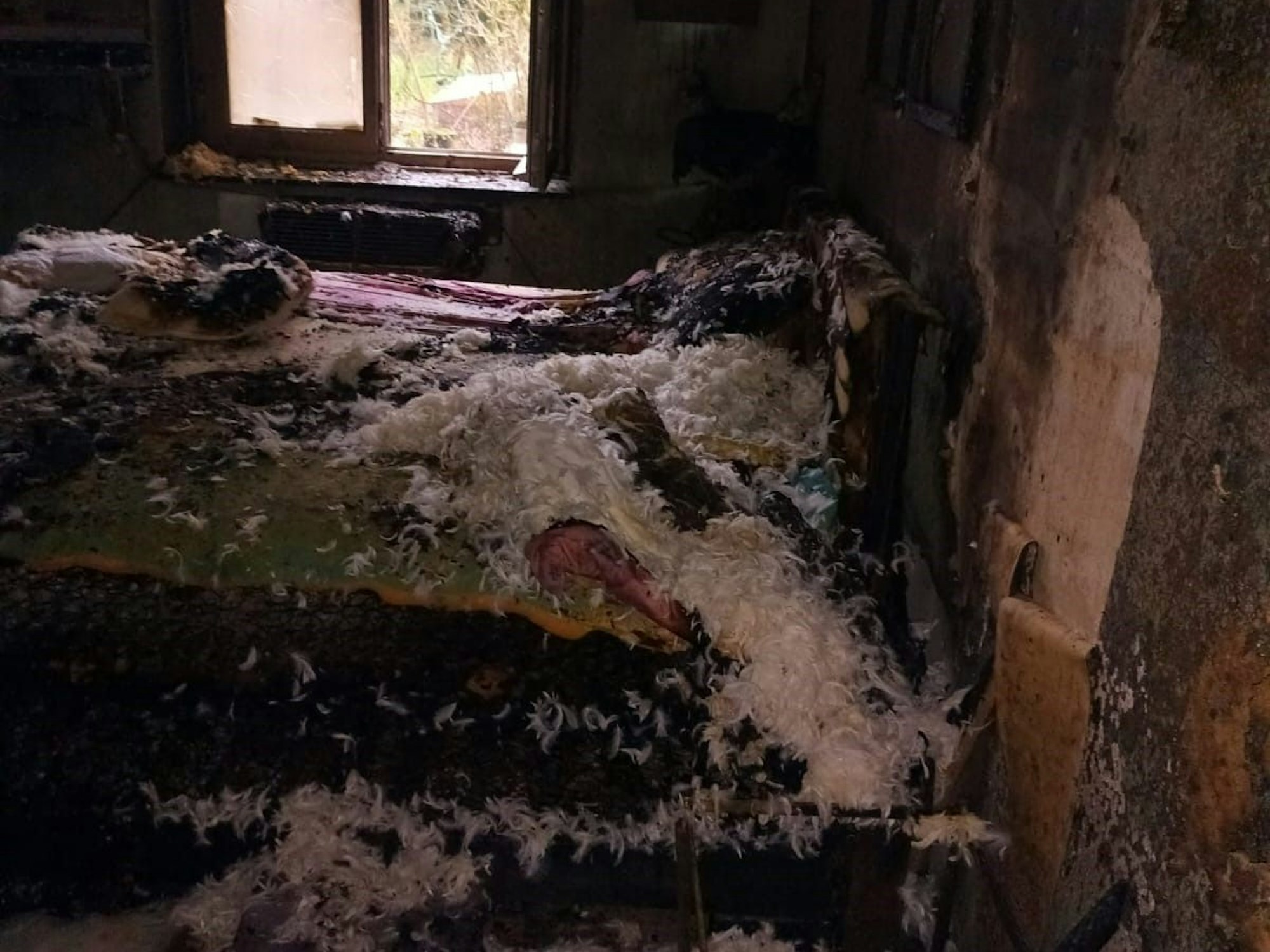 Ein fast verbranntes Bett steht in einem Zimmer, die Wände sind schwarz vor Ruß.