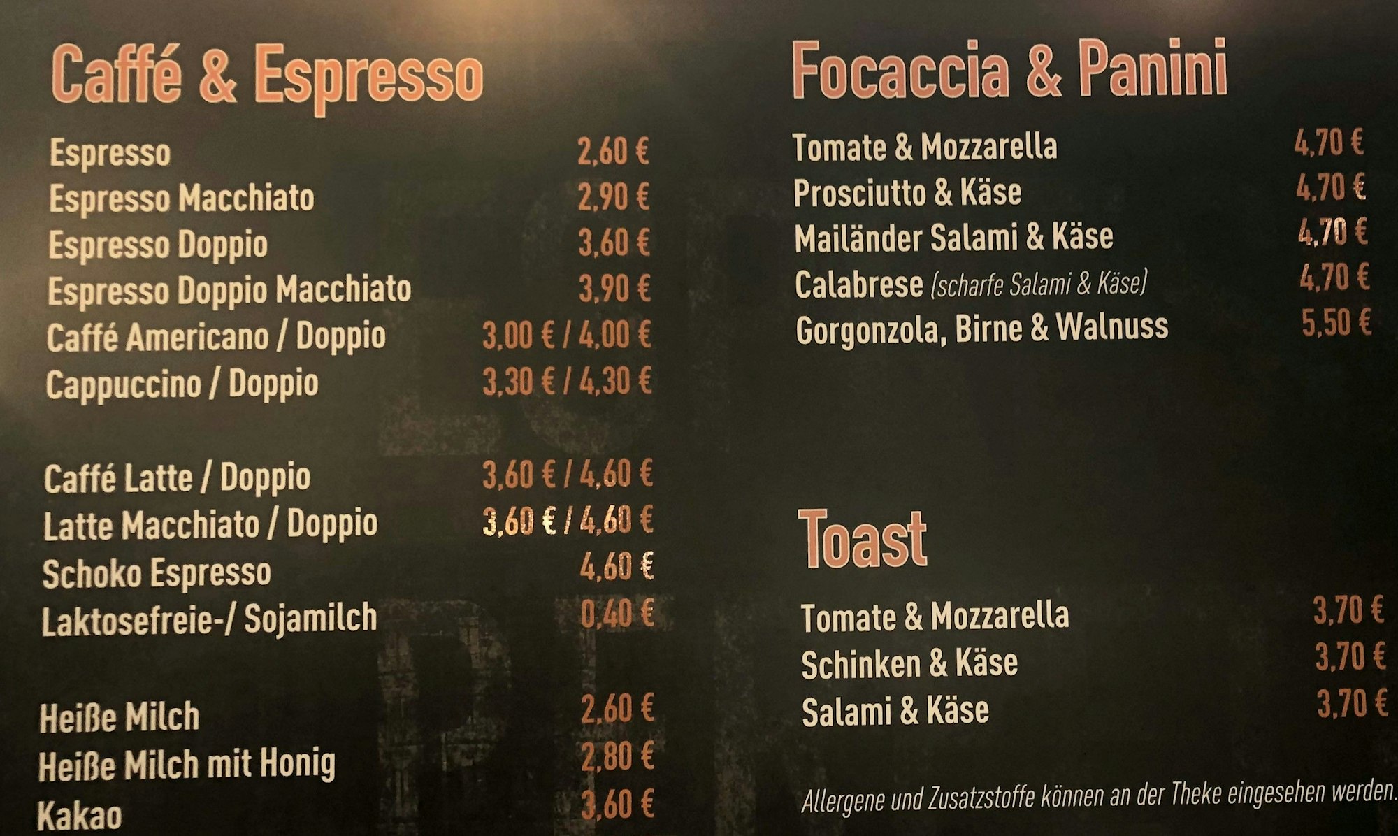 Preistafel im Espresso Perfetto