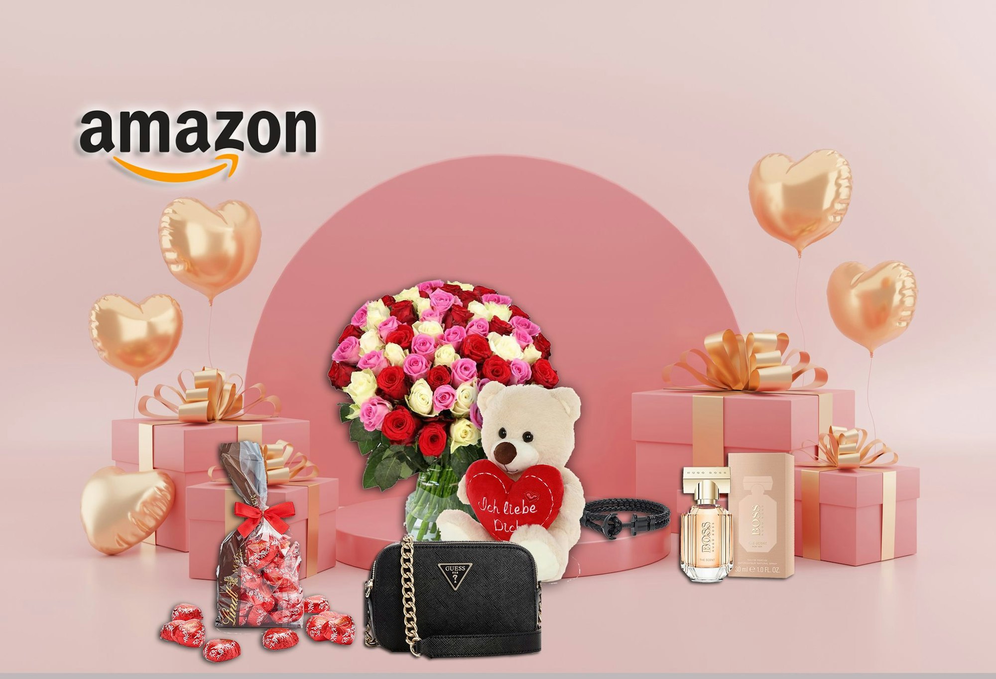 Verschiedene Valentinstagsgeschenke wie ein Blumenstrauß, eine Handtasche, Schokoladenherzen und ein Teddybär sind vor einem rosafarbenem Hintergrund angeordnet.