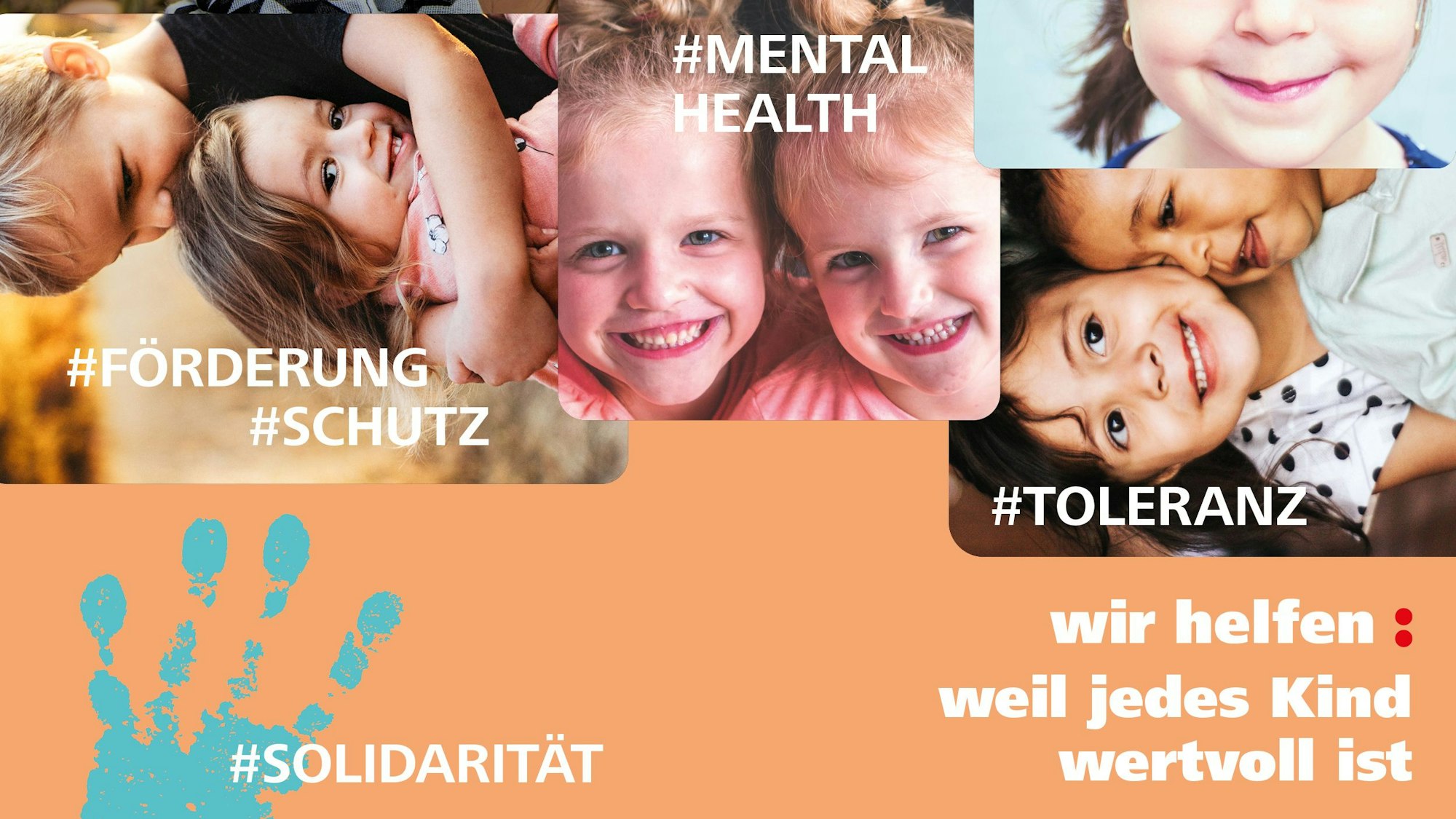 Der „wir helfen“-Flyer 2023/2024 zeigt Kindergesichter und Hashtags Förderung, Schutz, Toleranz und Solidarität.