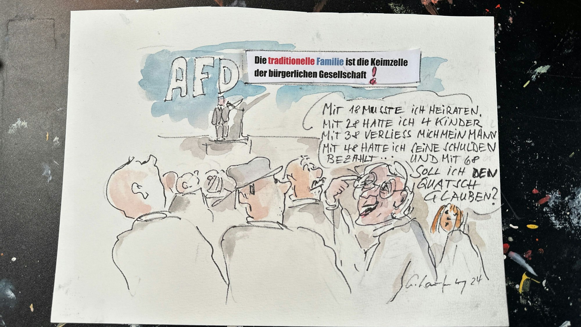 Die Künstlerin Gerda Laufenberg hat sich für ihre kleinen Skizzen das Parteibuch der AfD vorgenommen.