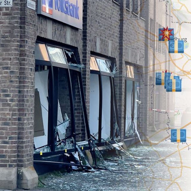 Wie gewaltig die Sprengkraft sein kann, zeigt sich beim Blick auf das Trümmerfeld an der Volksbank-Filiale in der Erftstädter Raiffeisenstraße im September 2023.