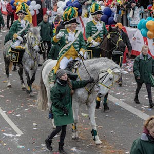 Die Teilnahme am Rosenmontagszug gilt für die Pferde in Köln als bestandene Gelassenheitsprüfung. Hier das Reiterkorps der Ehrengarde.