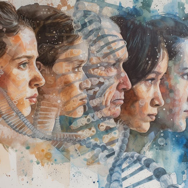 Illustration: Alte und junge Menschen in einer Reihe, eine DNA-Doppelhelix im Hintergrund.